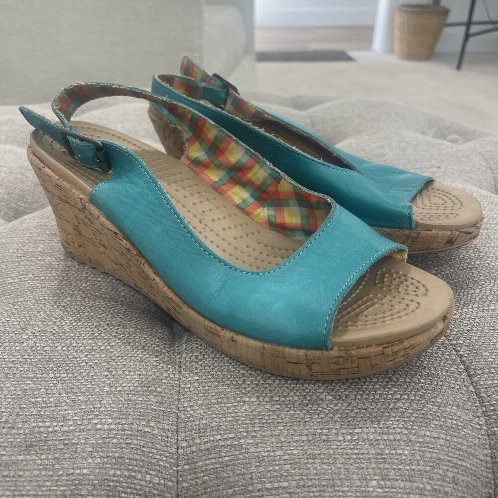 Crocs A-Leigh Women Teal Leather Slingback Cork Wedge Sandals Size 10 Plaid Fun